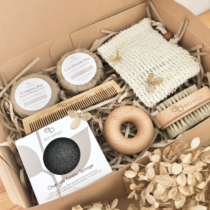 eco beige premium care gift box shampoo bar conditioner bar soap saver bag bamboo comb konjac